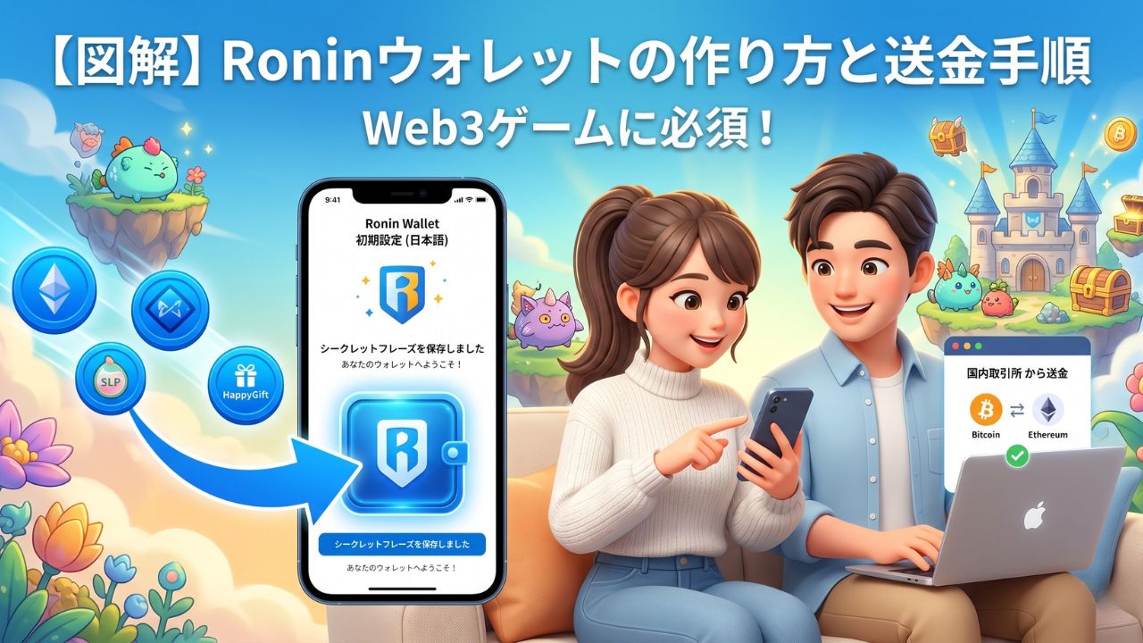 スマホとPCを使ってRonin Wallet（ローニンウォレット）を作成し、国内の仮想通貨取引所から送金する手順の図解イメージ