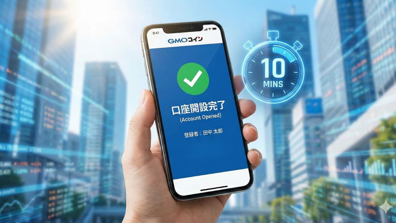 スマホで最短10分。GMOコインの口座開設が完了した画面とストップウォッチを示すアイキャッチ画像。