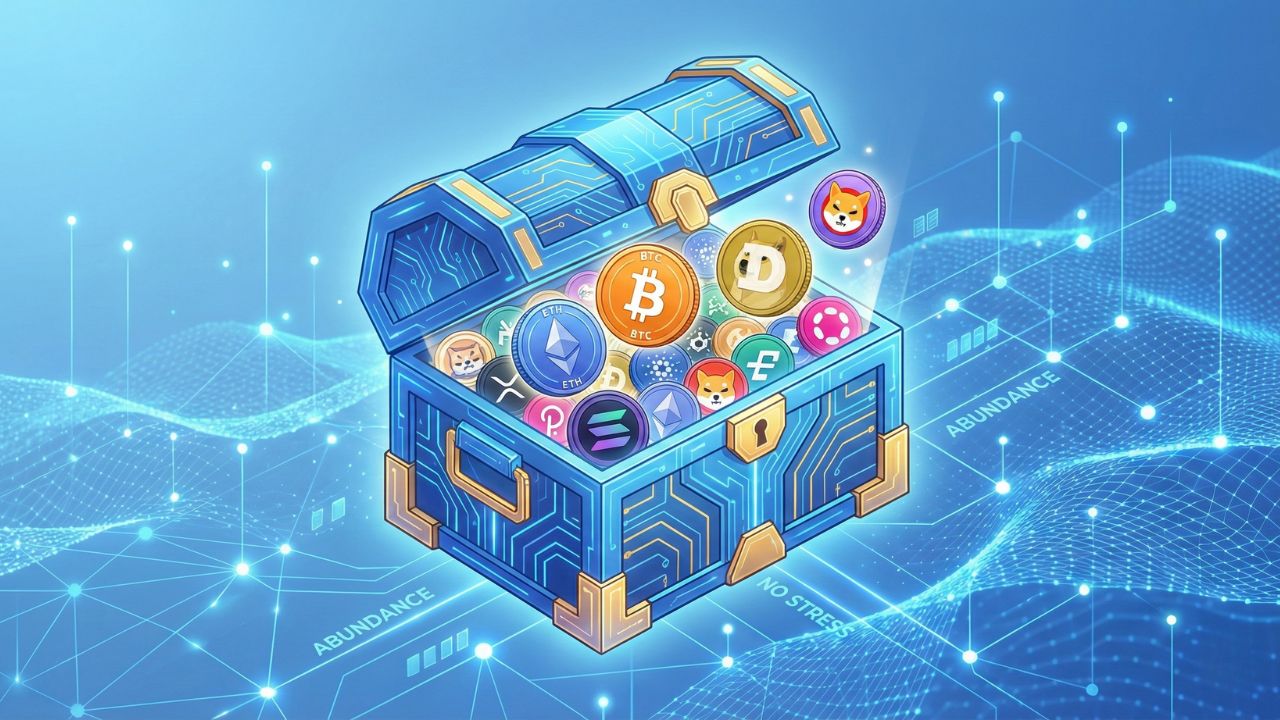 GMOコインの取扱銘柄イメージイラスト。ビットコイン(BTC)、イーサリアム(ETH)、ソラナ(SOL)、ドージコイン(DOGE)など豊富なアルトコイン。