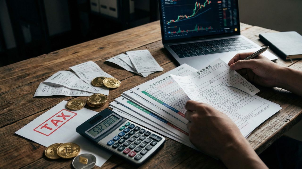 仮想通貨の税金計算と確定申告｜ビットコインと電卓、税務書類のイメージ