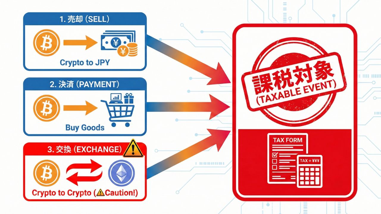 【図解】仮想通貨の税金発生タイミング：①売却（円転）、②決済（買い物）、③交換（スワップ）のすべてが「課税対象」となる仕組み。特に交換は要注意。