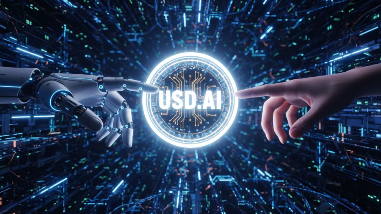 CoinListのUSD.AIトークンセールのイメージ図。AIの手とデジタルコイン