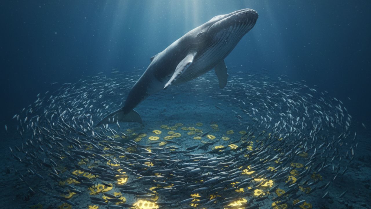 深海でビットコインが集められているイメージ図。クジラや小口投資家による底値圏での蓄積（Accumulation）を示唆