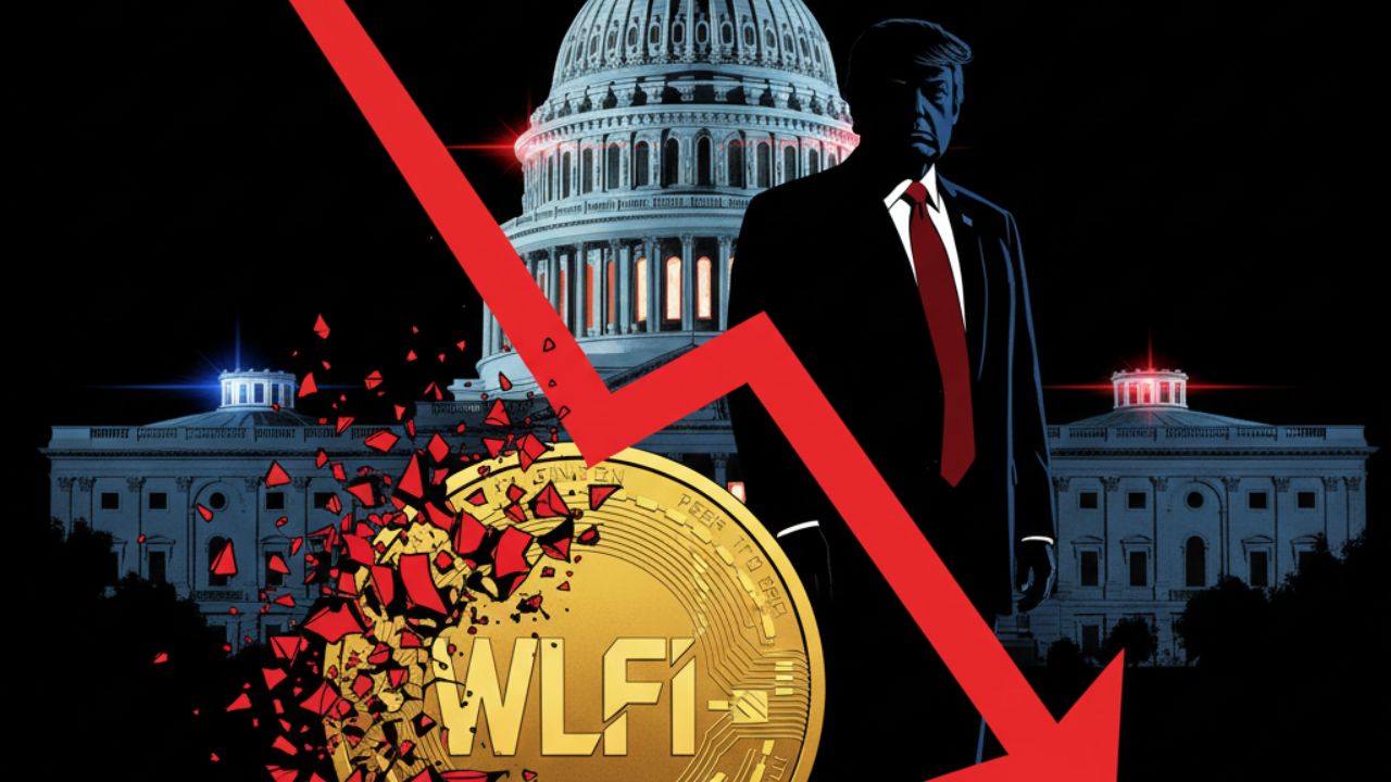 WLFIトークン急落のイメージ図。金色のコインが砕け散り、赤い下落チャートが表示されている