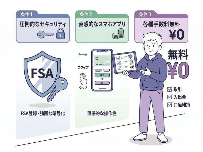 仮想通貨取引所選びで初心者が重視すべき3つの条件の図解
