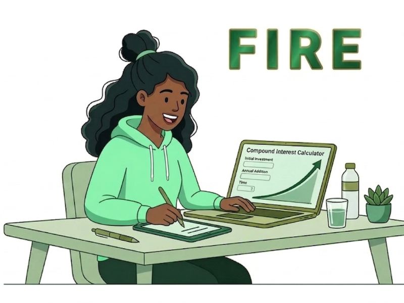株式投資の始め方STEP3：複利計算ツールで資産運用のシミュレーションを行い、FIRE達成までの具体的な目標を立てるイメージイラスト