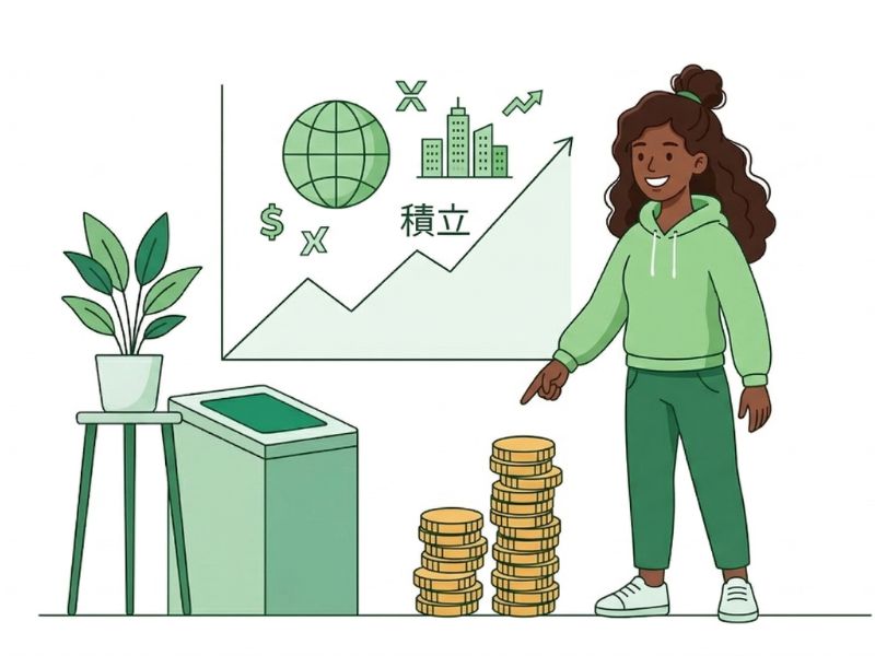 株式投資の始め方STEP2：インデックスファンドの積立投資でリスクを分散し、時間をかけて着実に資産形成するイメージイラスト