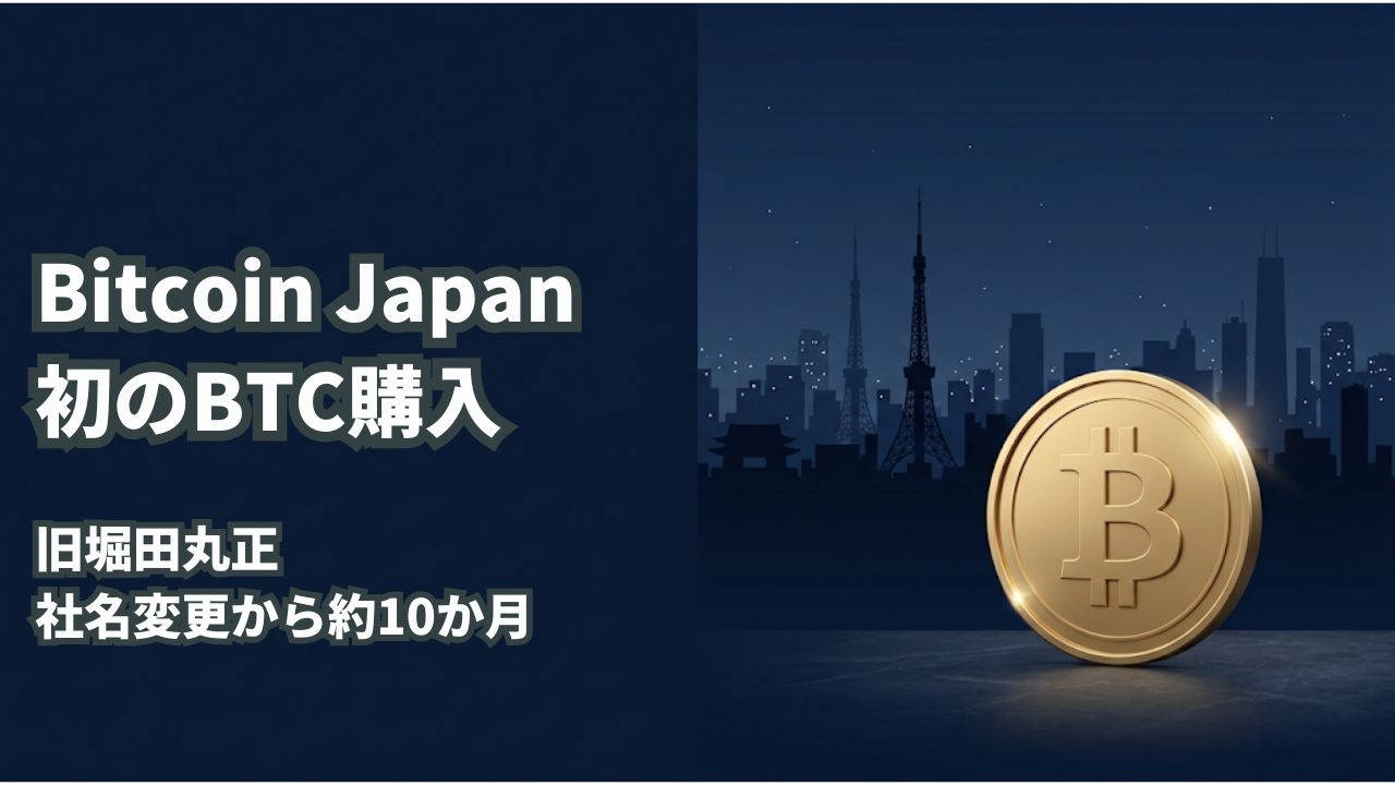 東京のビル群とビットコインのコインを描いた、Bitcoin Japanの初のビットコイン購入を伝えるイメージ画像
