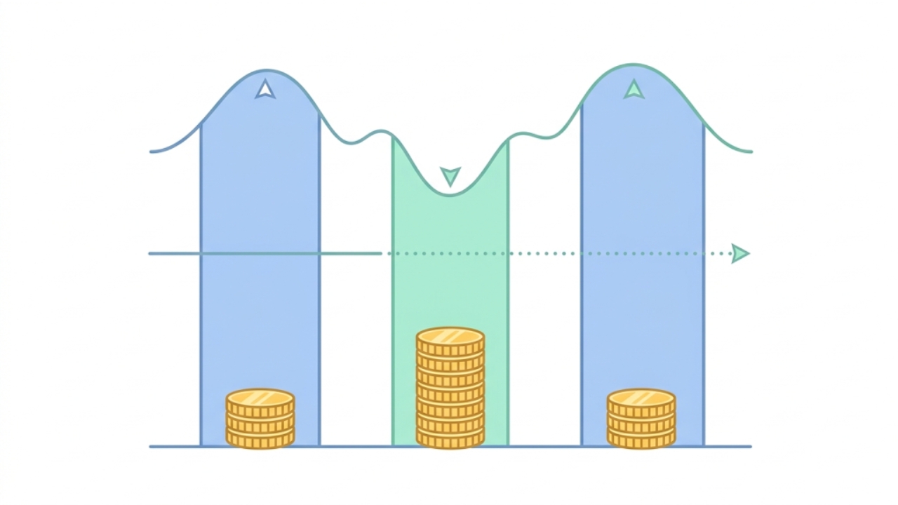 価格が安い月は多く、高い月は少なく買うビットコイン積立のしくみを表した図解