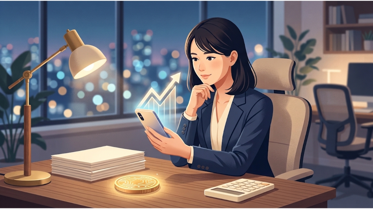 スマホで仮想通貨の資産や税金を調べる会社員の女性