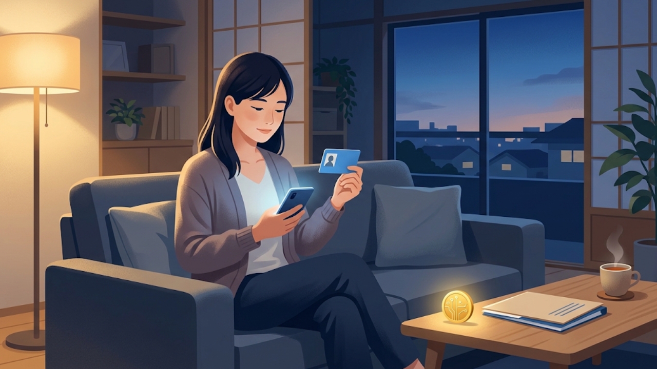 自宅のソファでスマホを使って仮想通貨の確定申告をする会社員