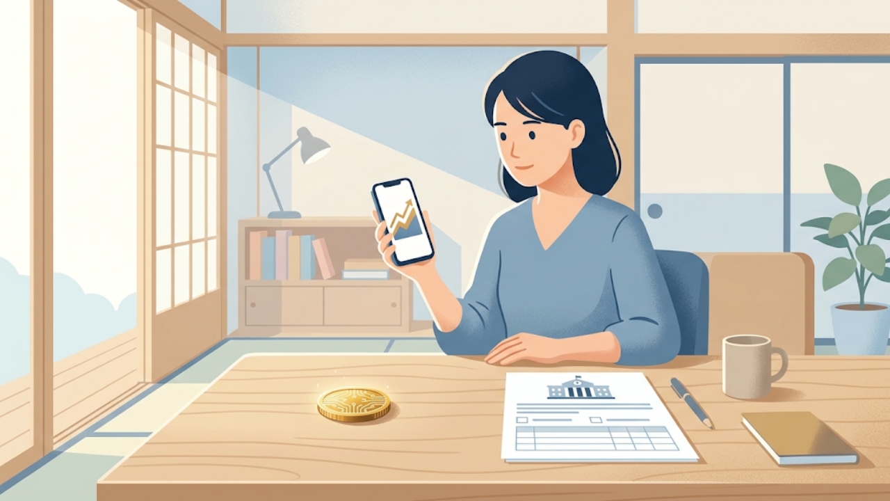 少額の仮想通貨の利益と住民税の申告書を見比べる会社員