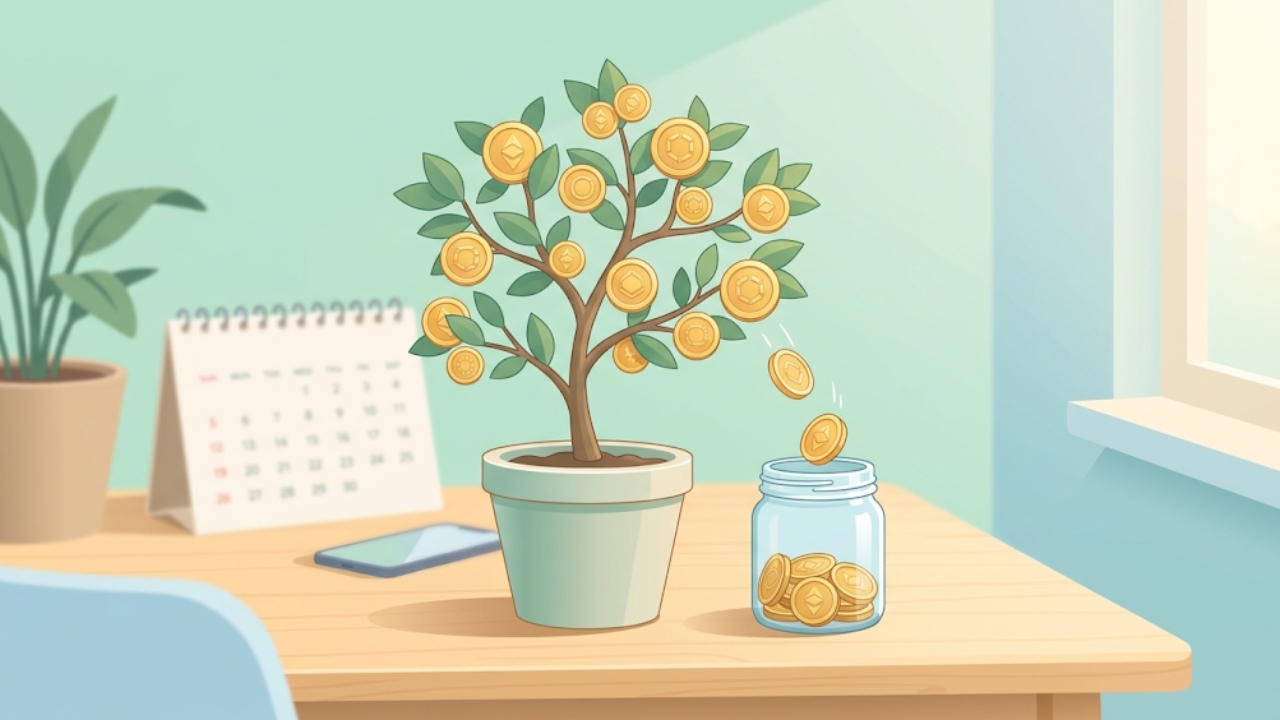 小さな植木鉢から少しずつコインが実るイメージ