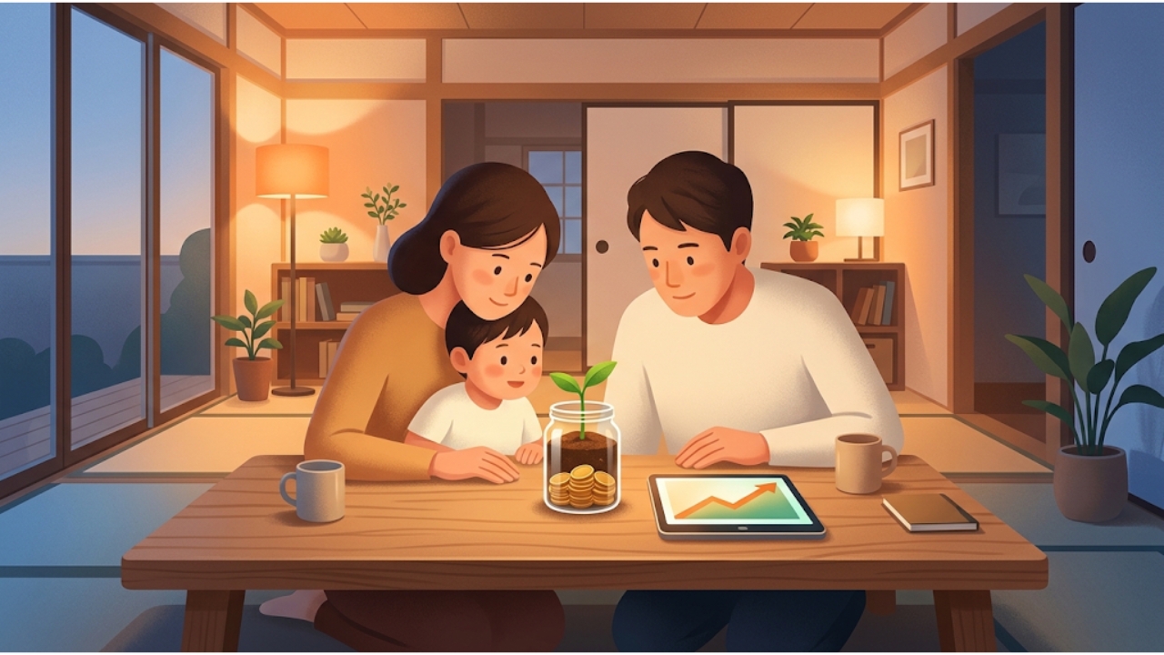 親子でこどもNISAの積立と教育資金について話し合うイメージ