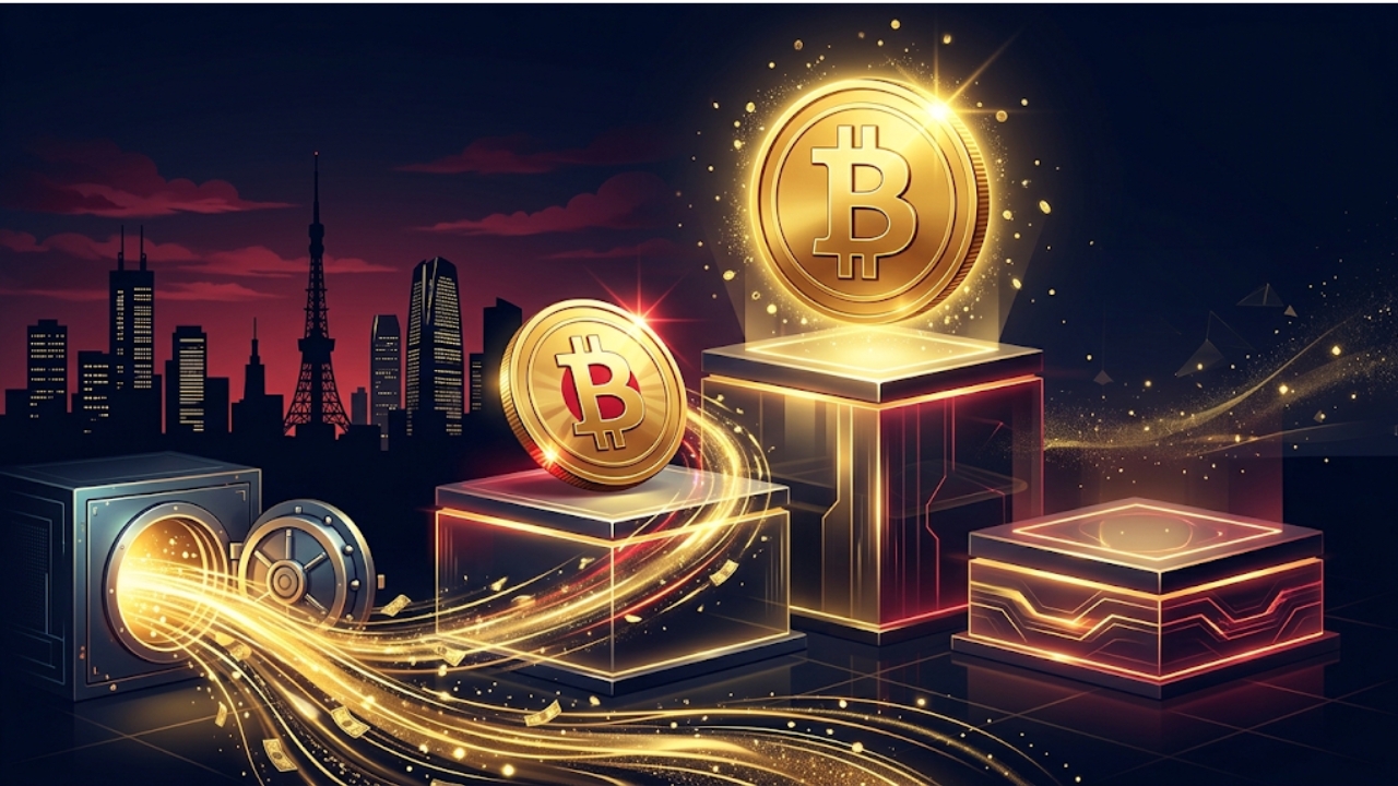 日本を象徴するビットコインが表彰台の2位に上がる様子を描いたイメージ図